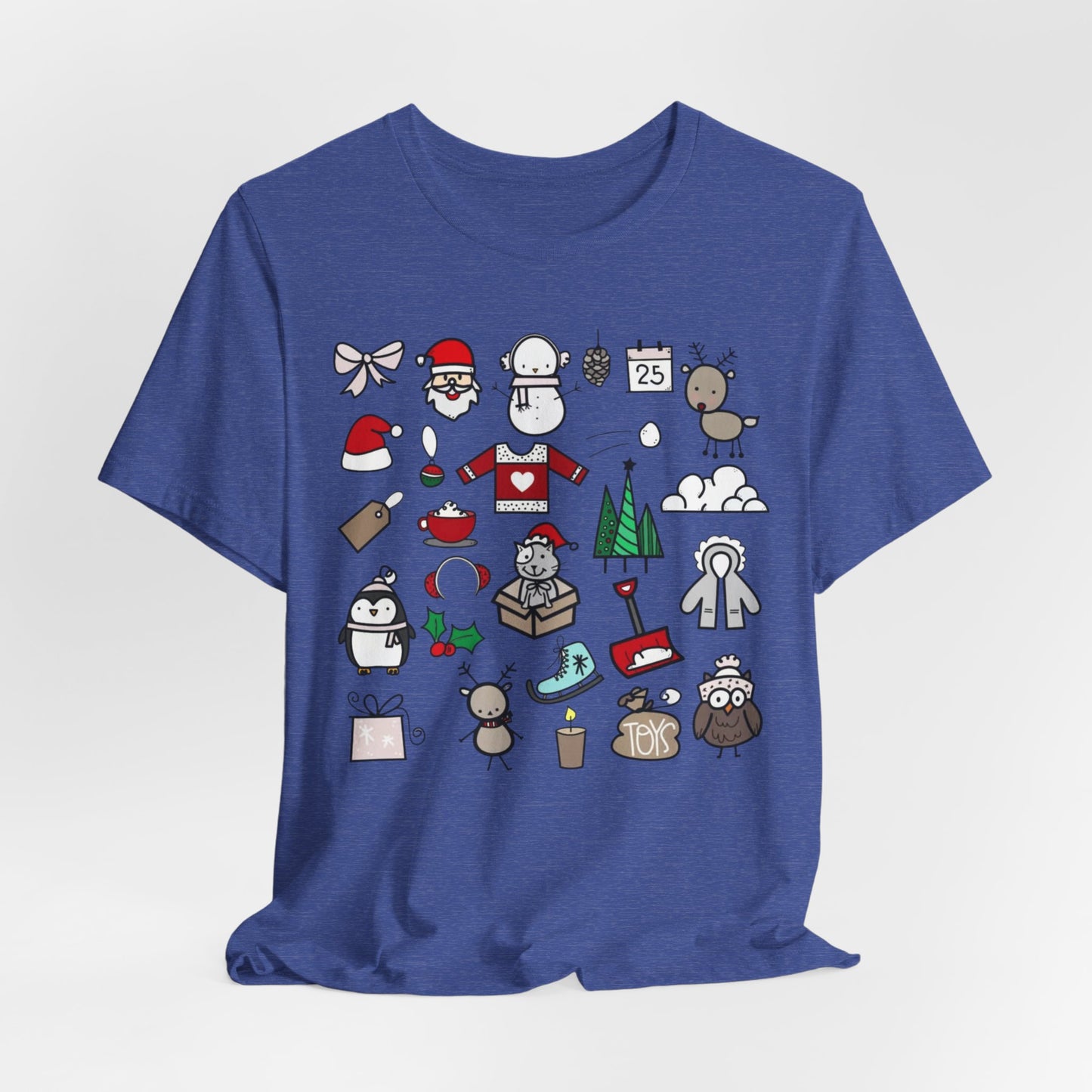 Christmas Icons T-Shirt — Cute Holiday Doodle Tee (Santa, Penguin, Tree, Gifts)