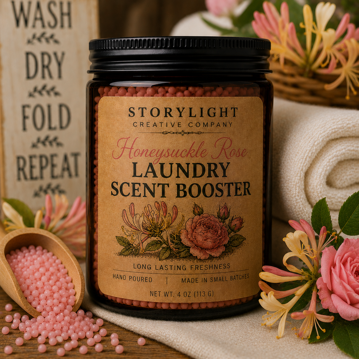 Honeysuckle Rose Laundry Scent Booster 4oz | HONEYSUCKLE * ROSE | Epson Salt & Baking Soda | Storylight Creative Co