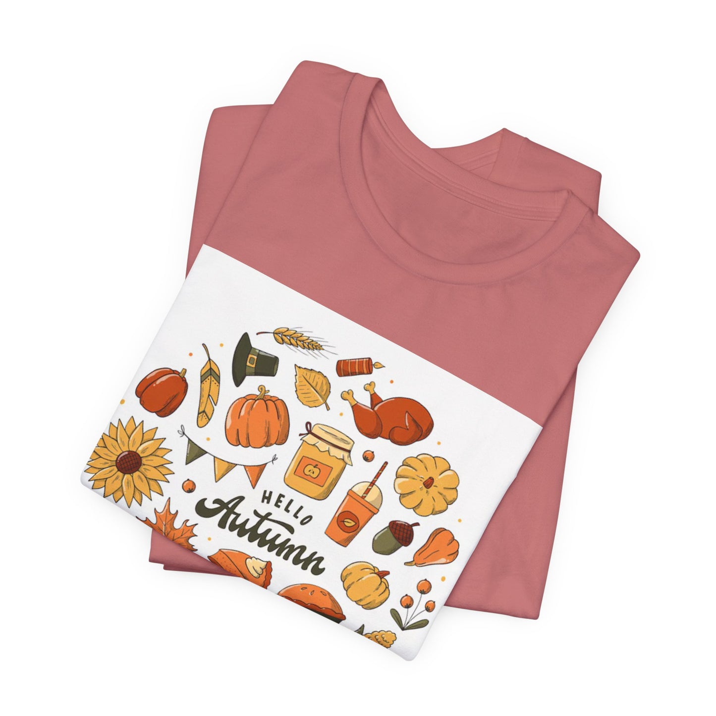 Hello Autumn T‑Shirt — Fall Leaves, Pumpkins & Sunflower Graphic Tee