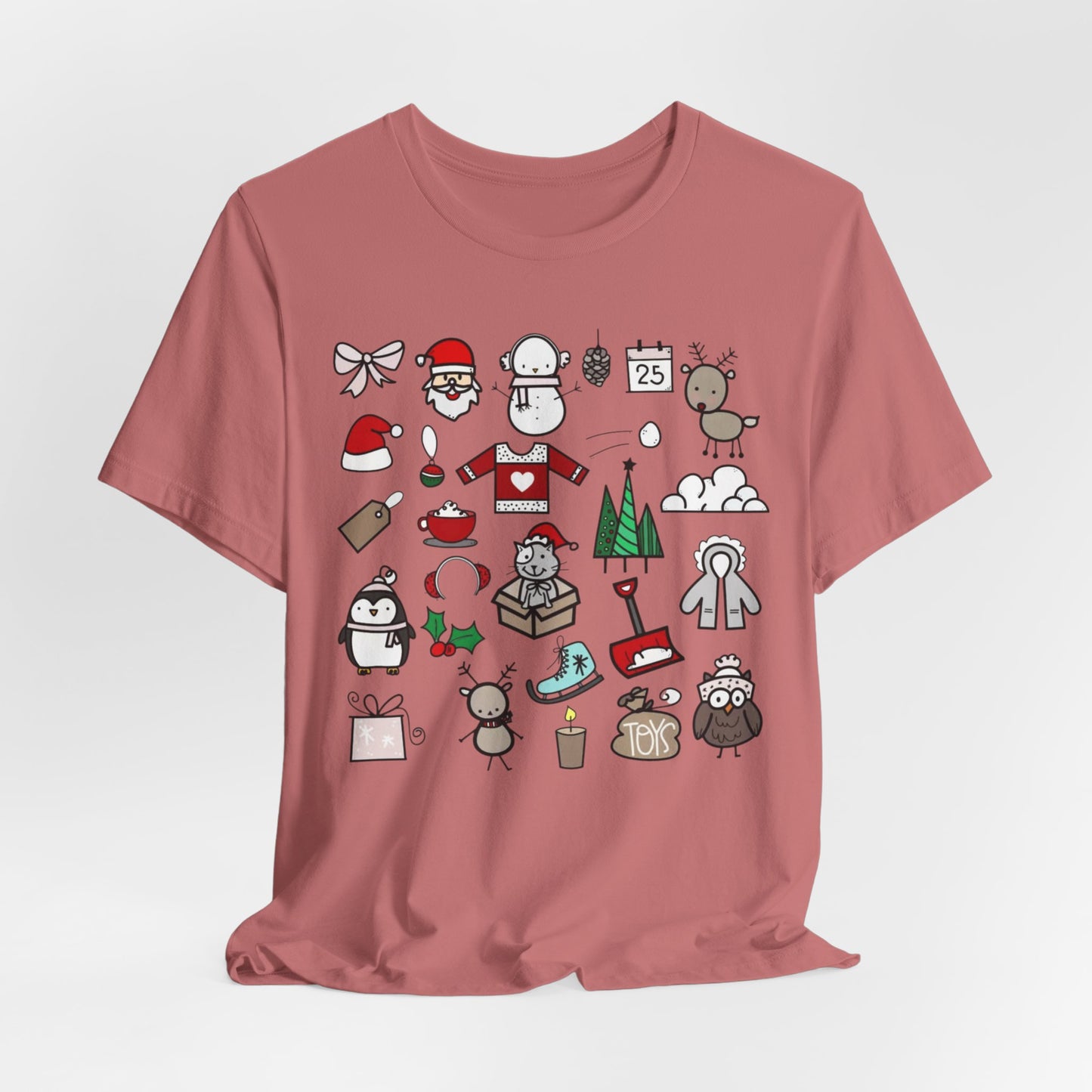 Christmas Icons T-Shirt — Cute Holiday Doodle Tee (Santa, Penguin, Tree, Gifts)
