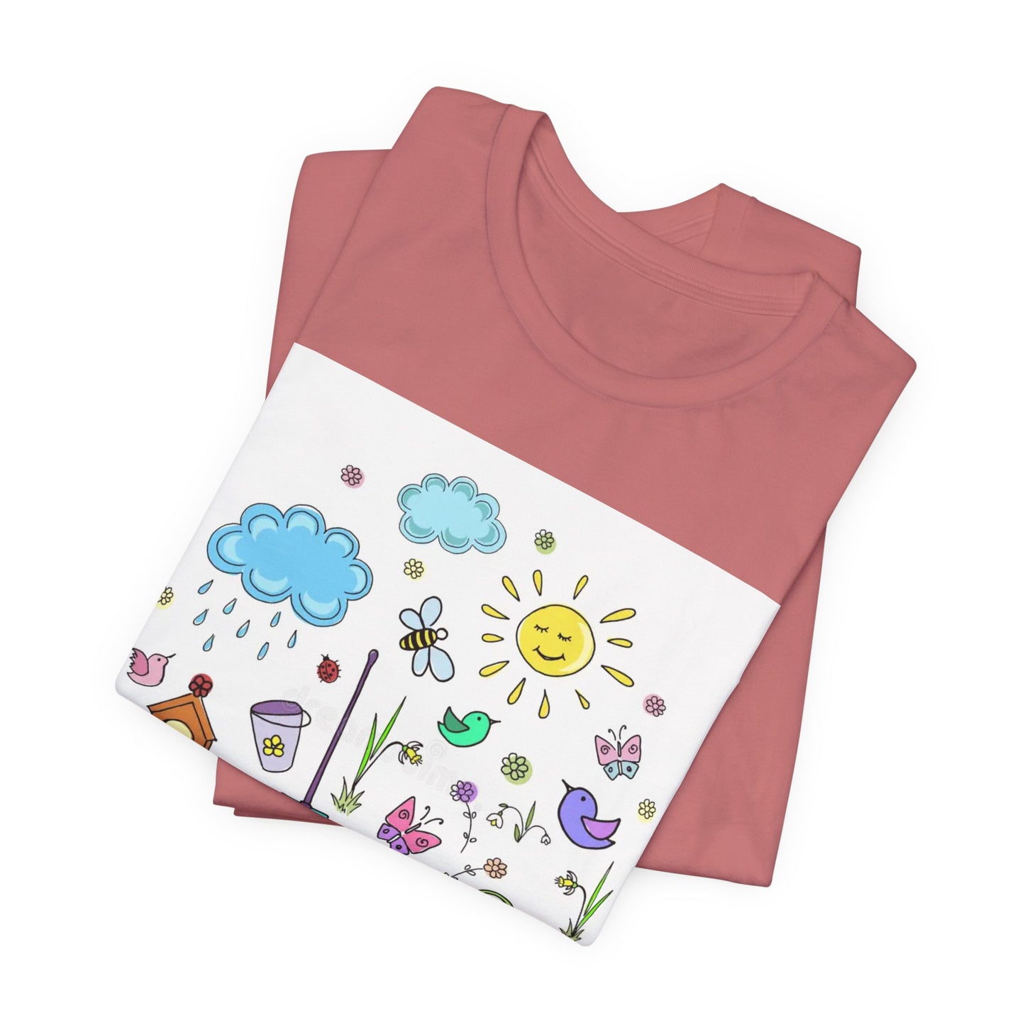 Spring Garden T-Shirt – Cute Hand-Drawn Flowers, Sun & Birds Tee