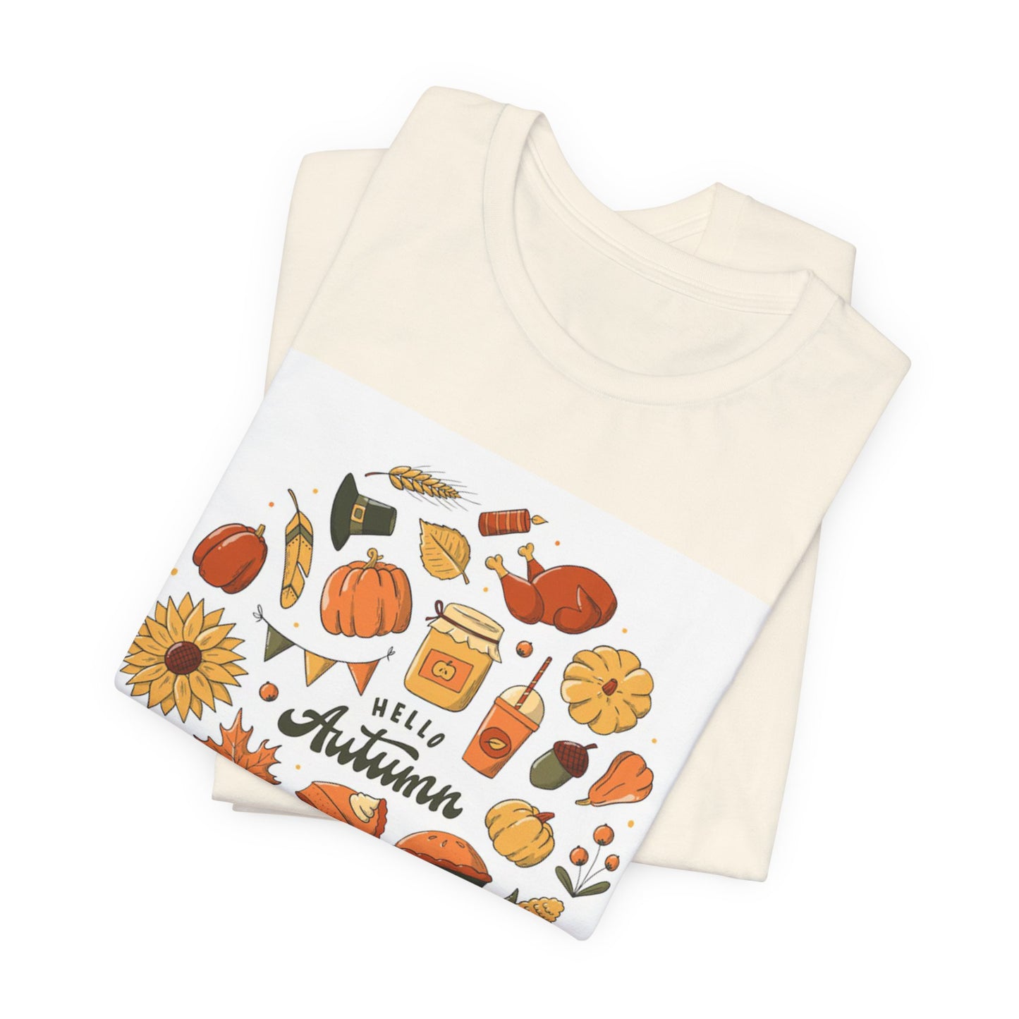 Hello Autumn T‑Shirt — Fall Leaves, Pumpkins & Sunflower Graphic Tee