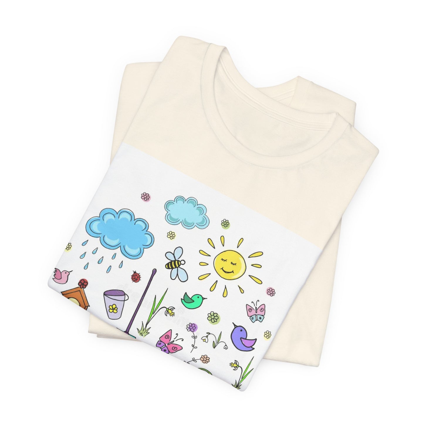Spring Garden T-Shirt – Cute Hand-Drawn Flowers, Sun & Birds Tee