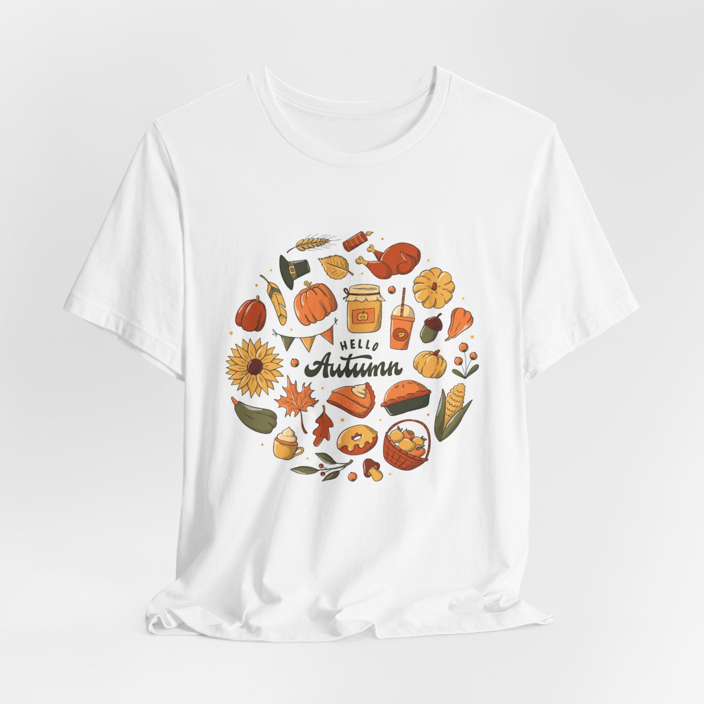 Hello Autumn T‑Shirt — Fall Leaves, Pumpkins & Sunflower Graphic Tee