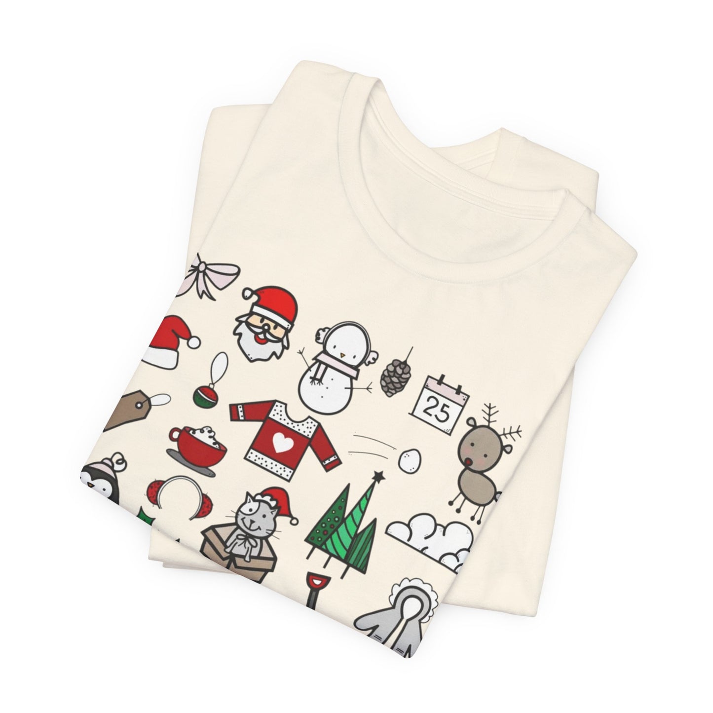 Christmas Icons T-Shirt — Cute Holiday Doodle Tee (Santa, Penguin, Tree, Gifts)