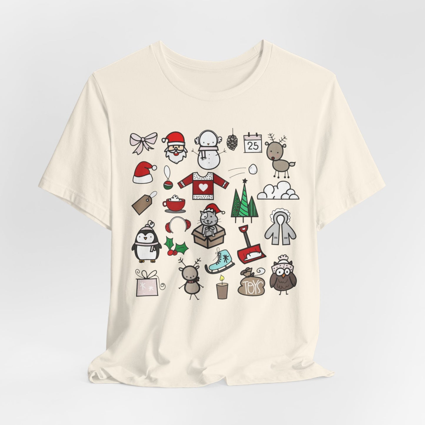 Christmas Icons T-Shirt — Cute Holiday Doodle Tee (Santa, Penguin, Tree, Gifts)