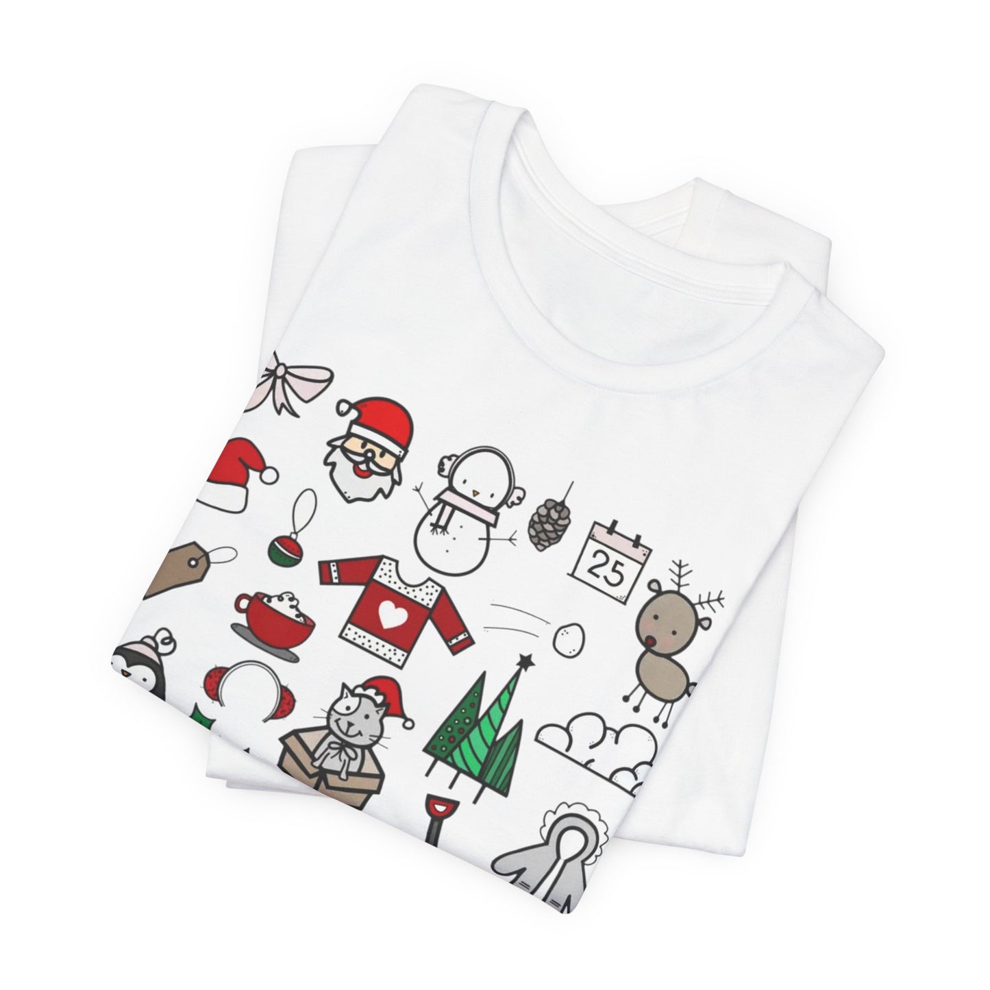 Christmas Icons T-Shirt — Cute Holiday Doodle Tee (Santa, Penguin, Tree, Gifts)