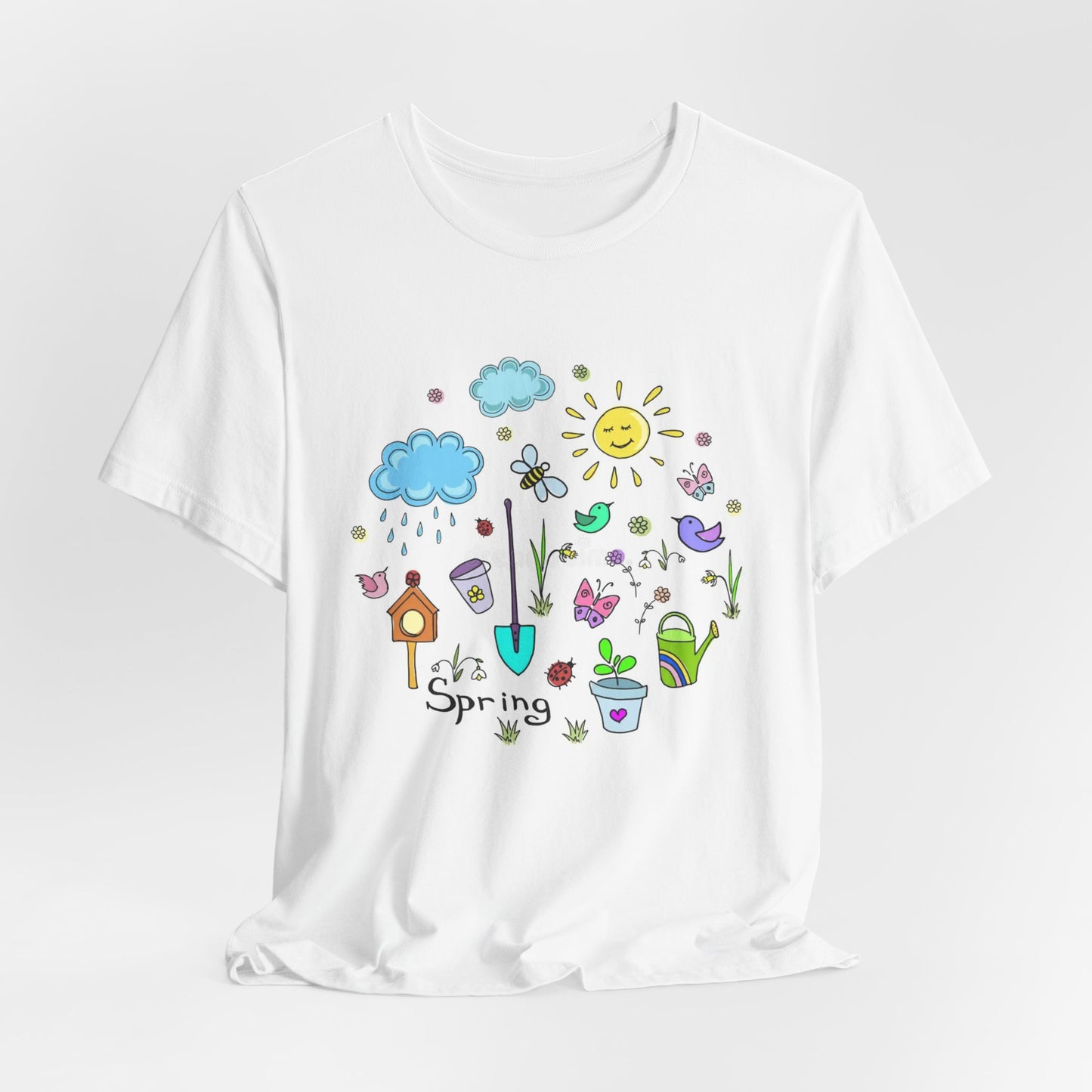 Spring Garden T-Shirt – Cute Hand-Drawn Flowers, Sun & Birds Tee