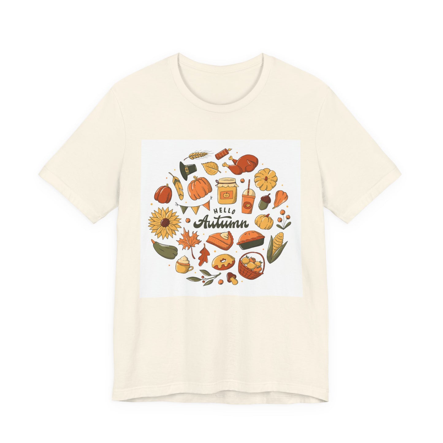 Hello Autumn T‑Shirt — Fall Leaves, Pumpkins & Sunflower Graphic Tee