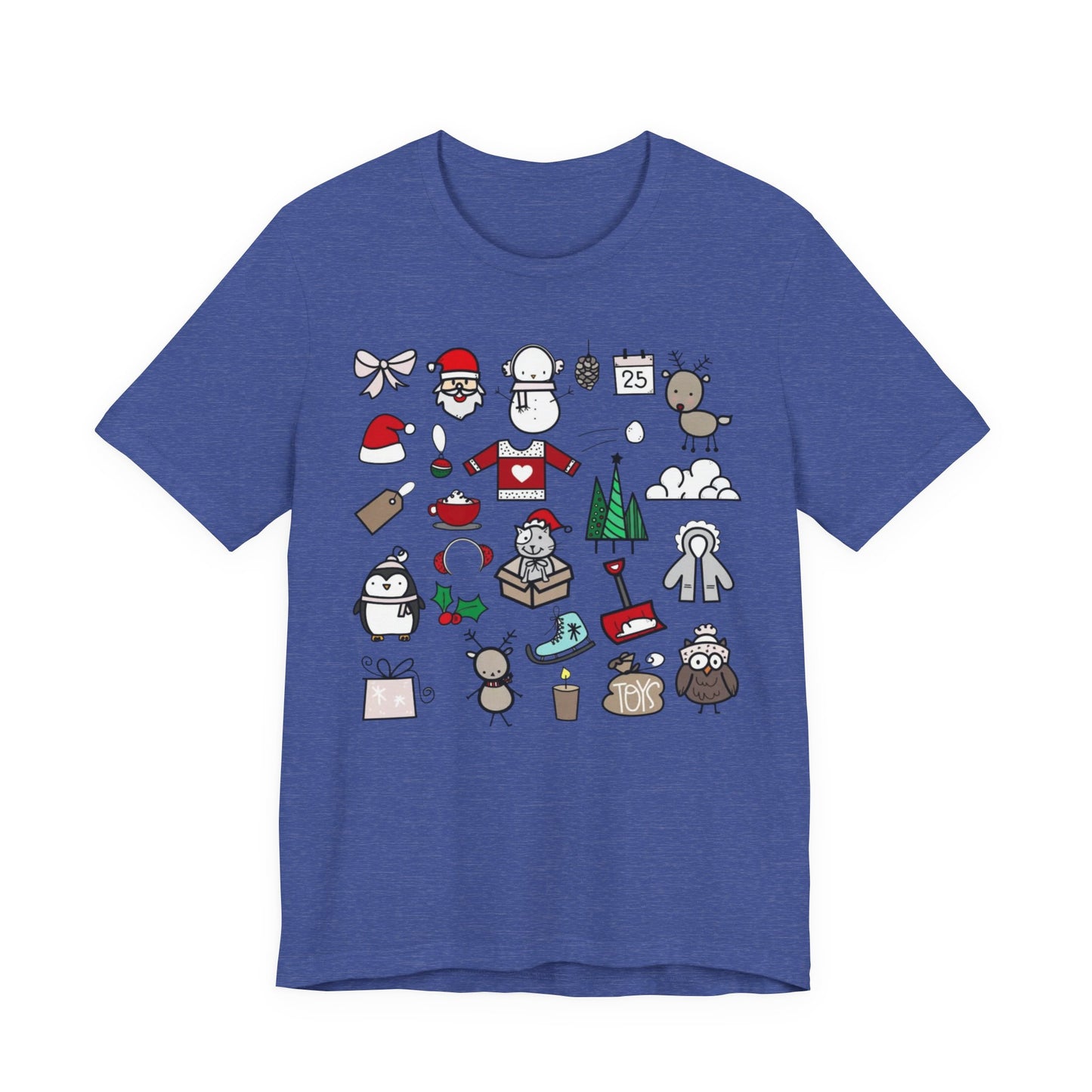 Christmas Icons T-Shirt — Cute Holiday Doodle Tee (Santa, Penguin, Tree, Gifts)