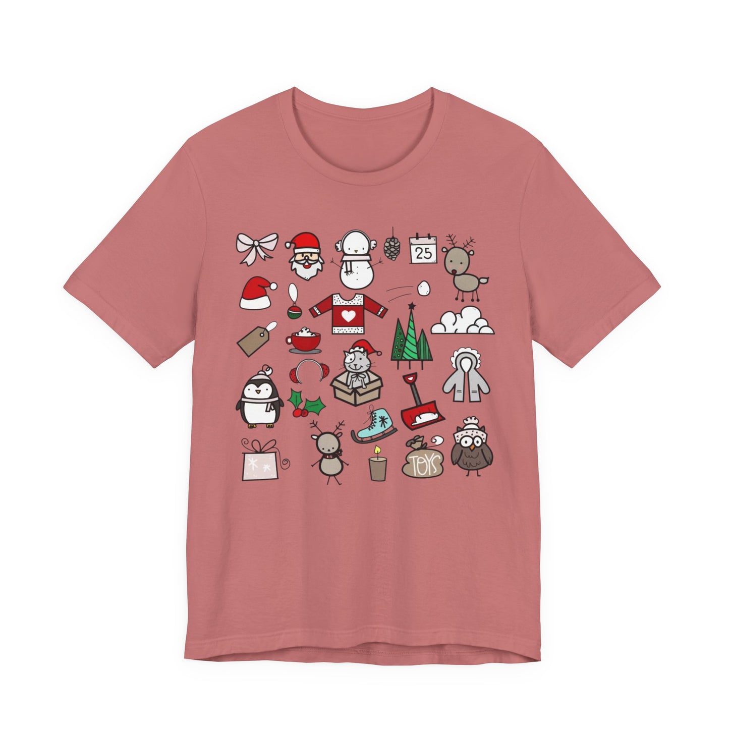Christmas Icons T-Shirt — Cute Holiday Doodle Tee (Santa, Penguin, Tree, Gifts)