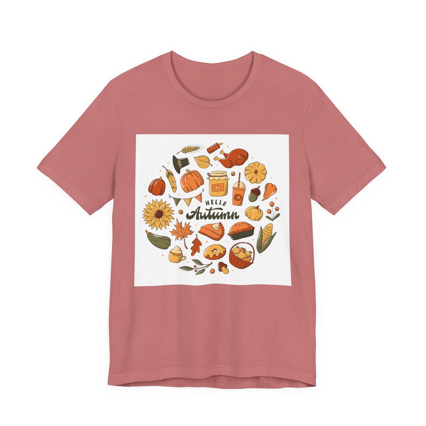 Hello Autumn T‑Shirt — Fall Leaves, Pumpkins & Sunflower Graphic Tee