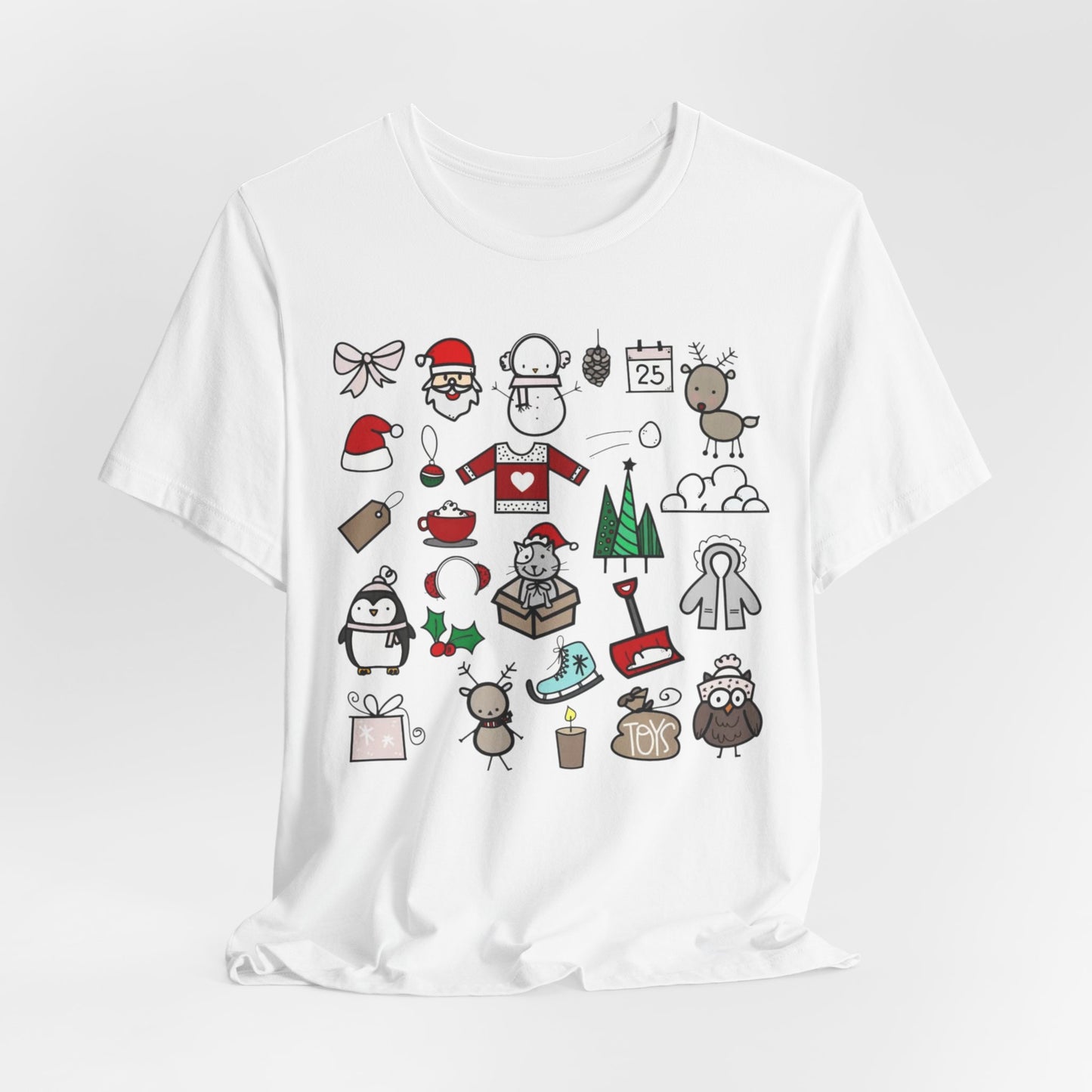 Christmas Icons T-Shirt — Cute Holiday Doodle Tee (Santa, Penguin, Tree, Gifts)