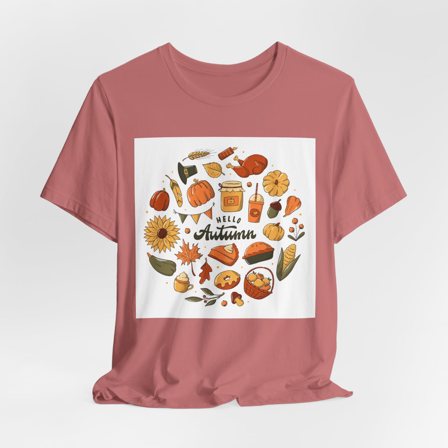 Hello Autumn T‑Shirt — Fall Leaves, Pumpkins & Sunflower Graphic Tee