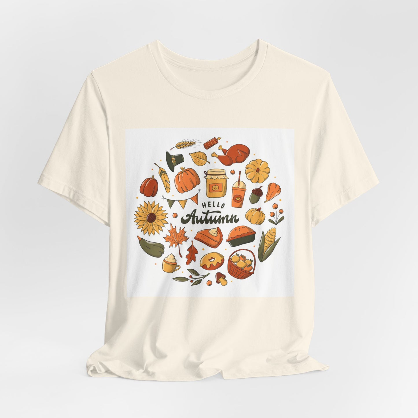 Hello Autumn T‑Shirt — Fall Leaves, Pumpkins & Sunflower Graphic Tee