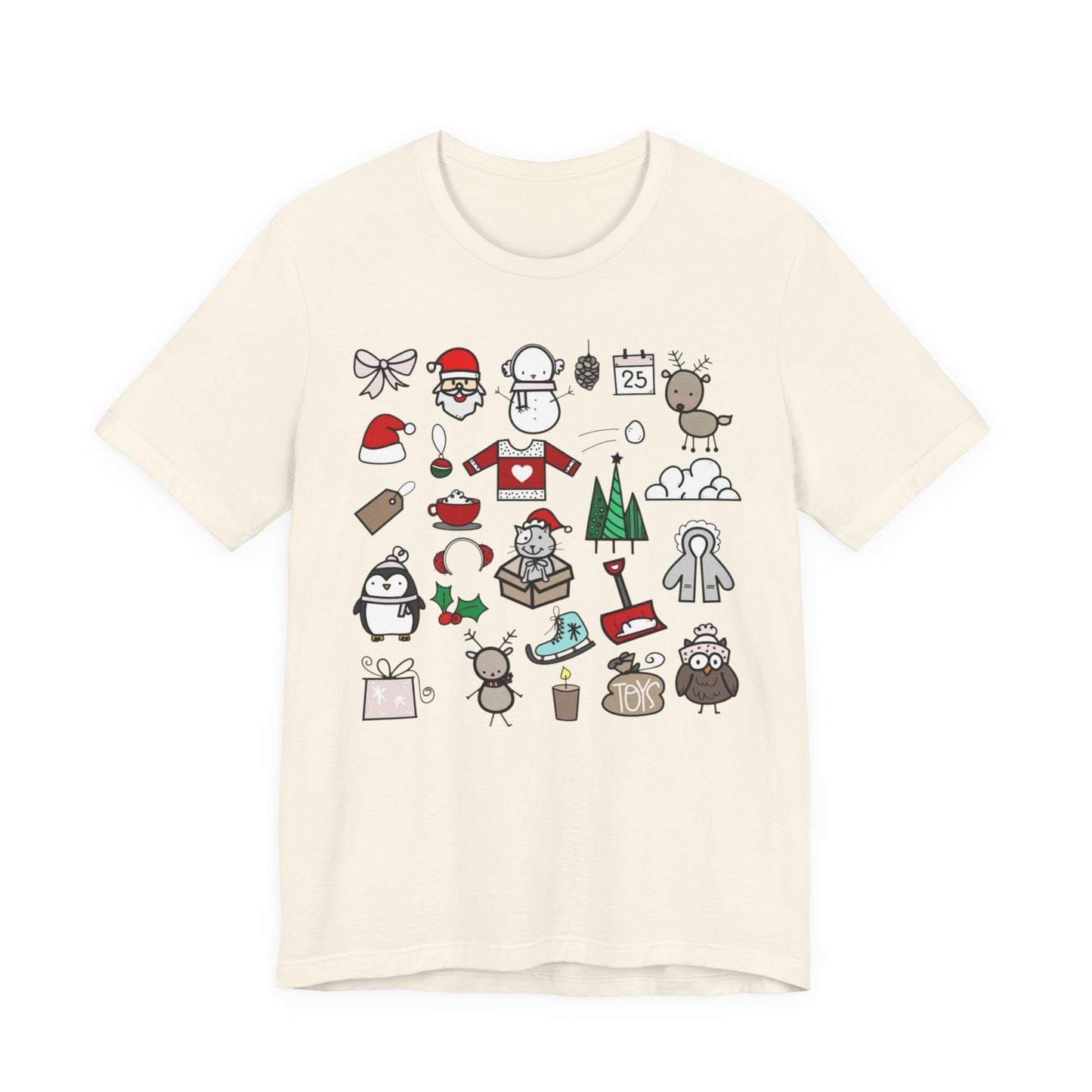 Christmas Icons T-Shirt — Cute Holiday Doodle Tee (Santa, Penguin, Tree, Gifts)