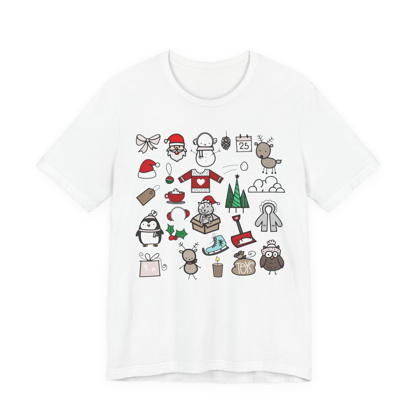 Christmas Icons T-Shirt — Cute Holiday Doodle Tee (Santa, Penguin, Tree, Gifts)