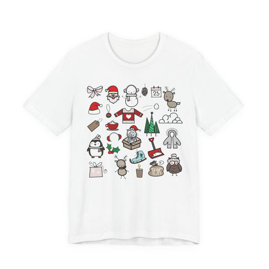Christmas Icons T-Shirt — Cute Holiday Doodle Tee (Santa, Penguin, Tree, Gifts)