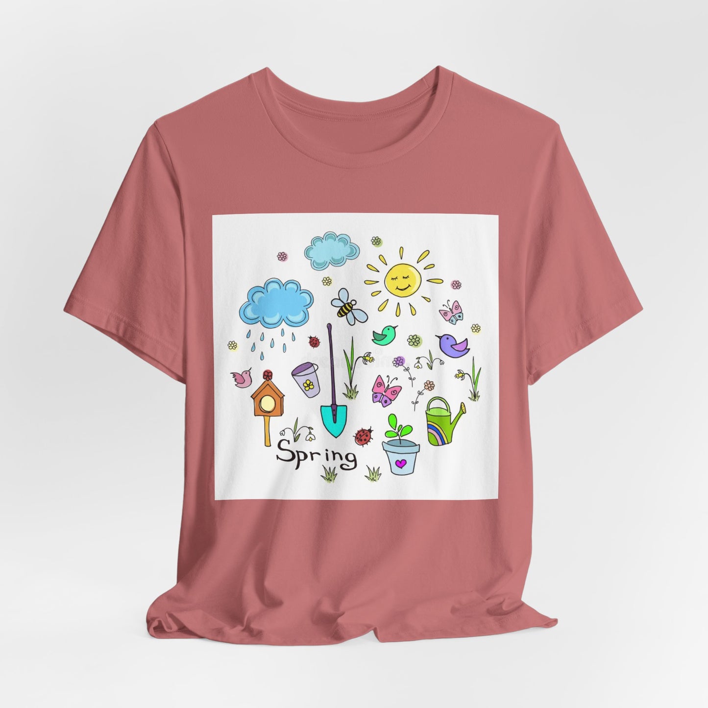 Spring Garden T-Shirt – Cute Hand-Drawn Flowers, Sun & Birds Tee