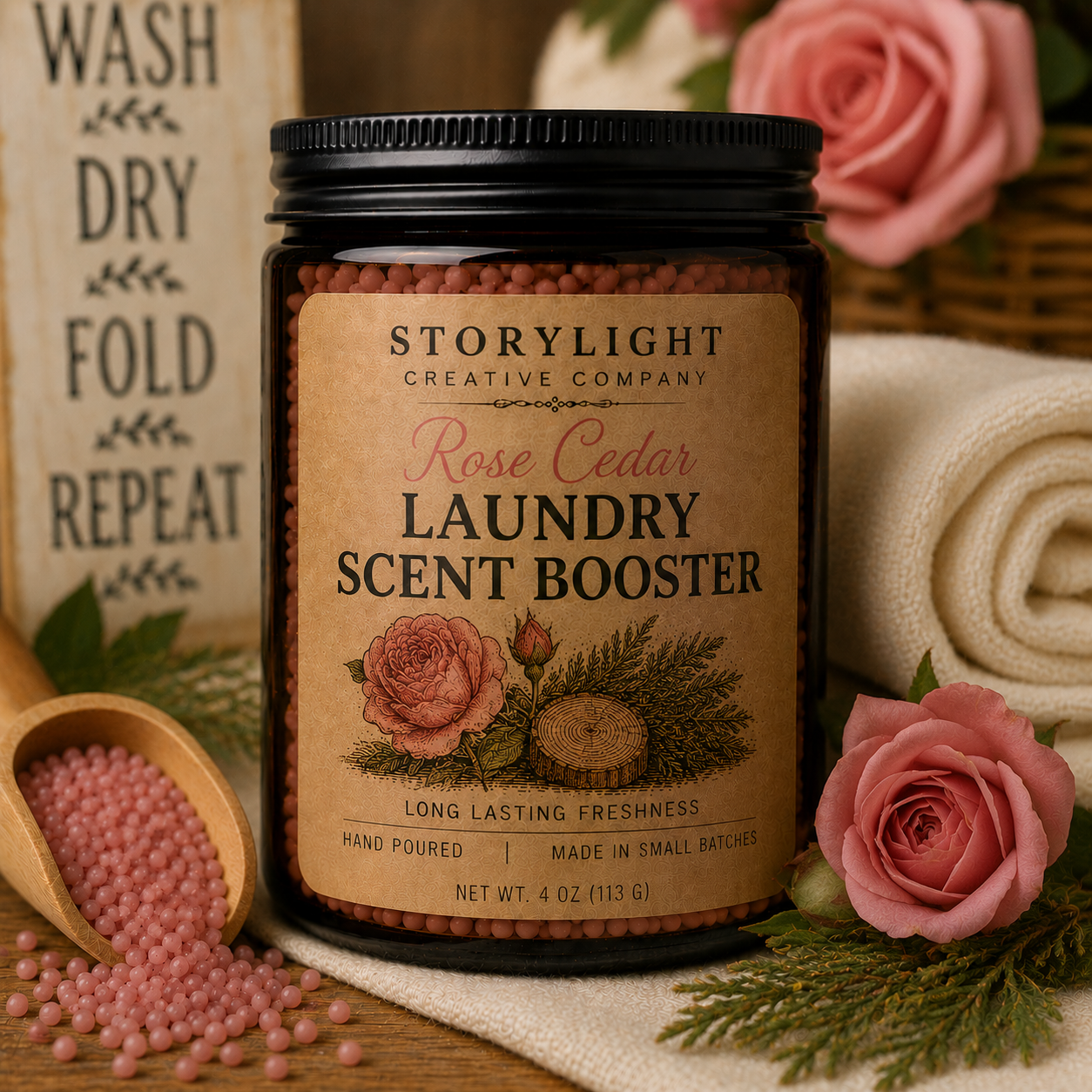 Rose Cedar Laundry Scent Booster 4oz | ROSE * CEDAR | Epson Salt & Baking Soda | Storylight Creative Co