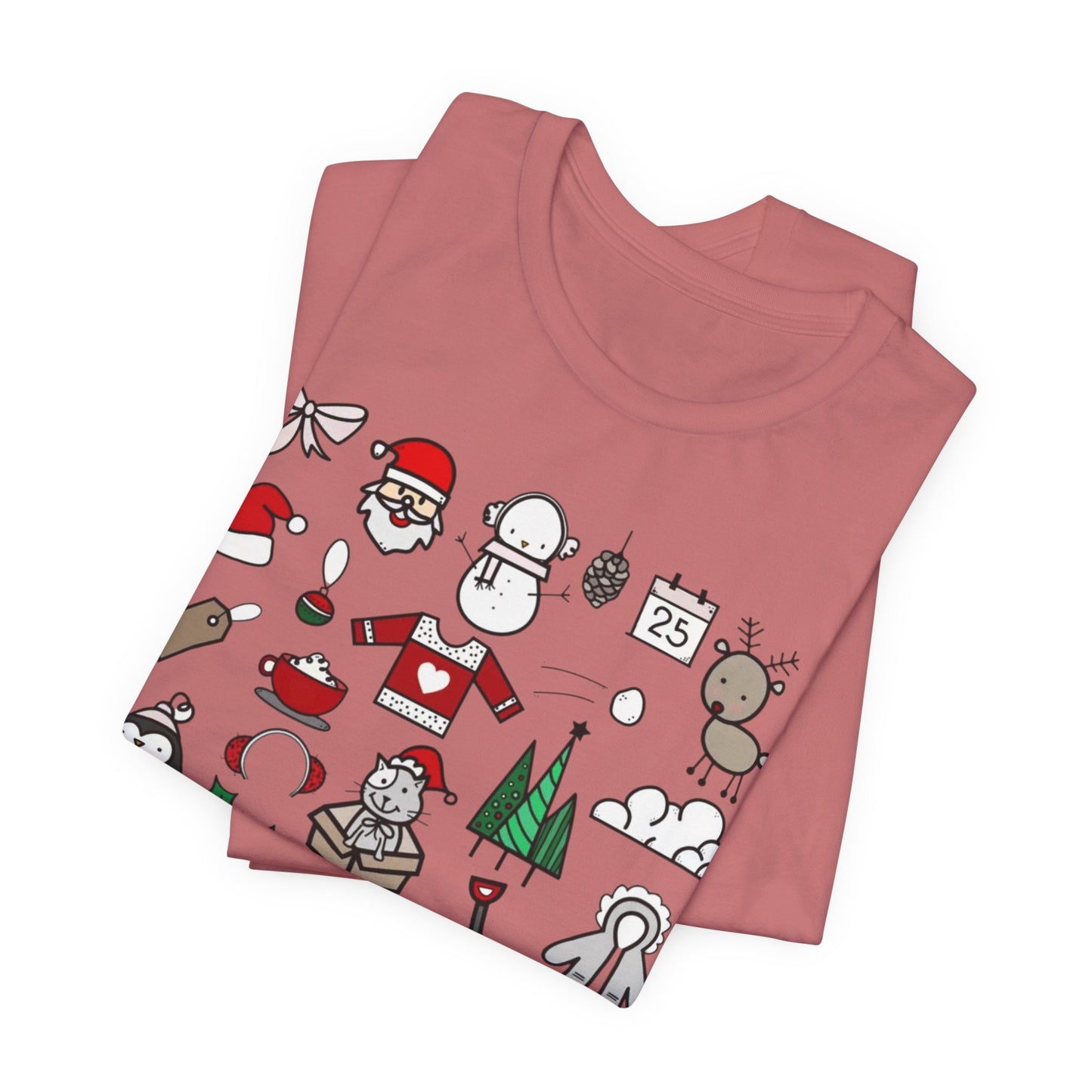 Christmas Icons T-Shirt — Cute Holiday Doodle Tee (Santa, Penguin, Tree, Gifts)