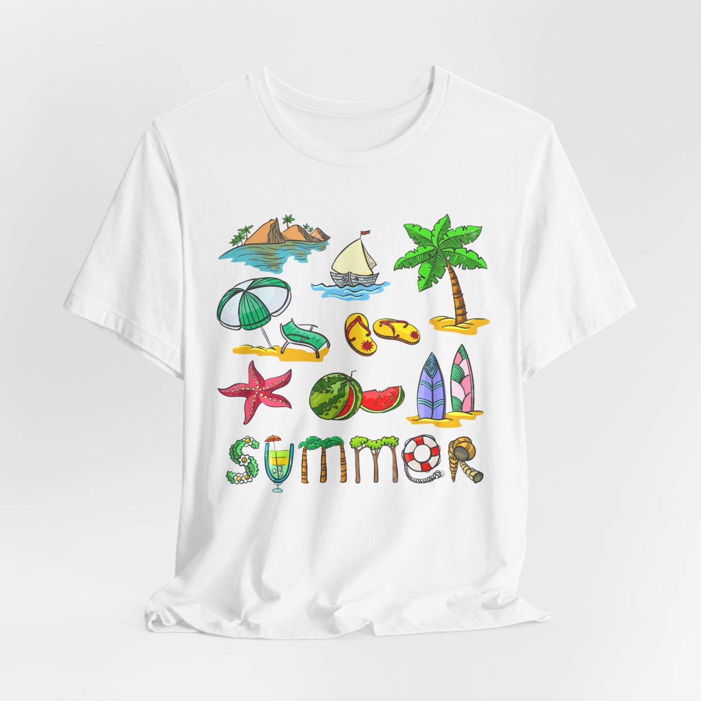 Summer Doodles T‑Shirt — Colorful Beach Graphic Tee