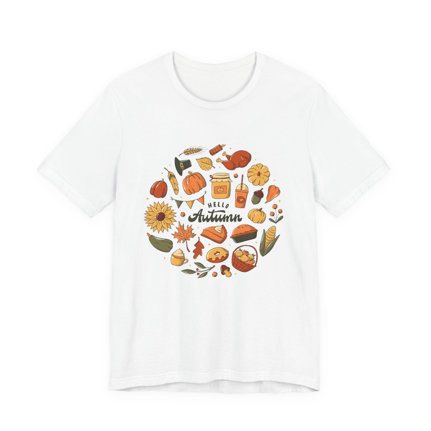 Hello Autumn T‑Shirt — Fall Leaves, Pumpkins & Sunflower Graphic Tee