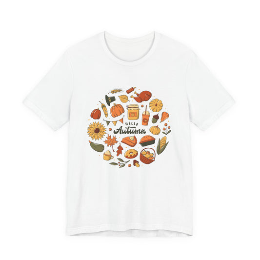 Hello Autumn T‑Shirt — Fall Leaves, Pumpkins & Sunflower Graphic Tee