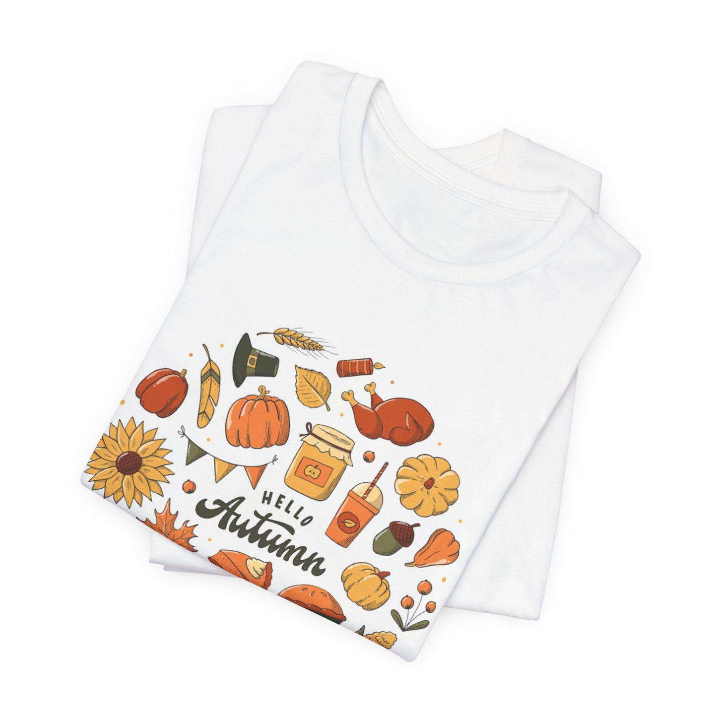 Hello Autumn T‑Shirt — Fall Leaves, Pumpkins & Sunflower Graphic Tee