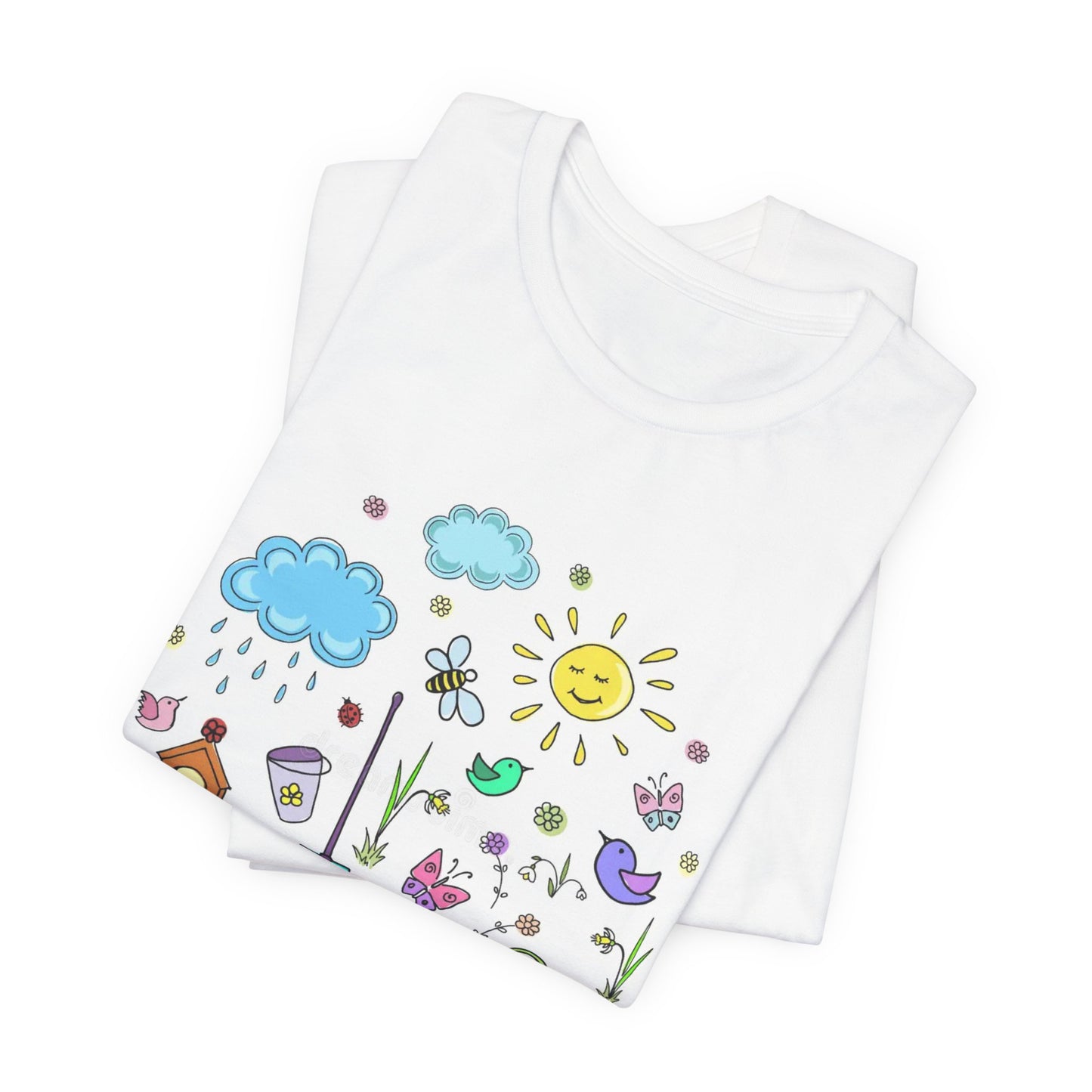 Spring Garden T-Shirt – Cute Hand-Drawn Flowers, Sun & Birds Tee