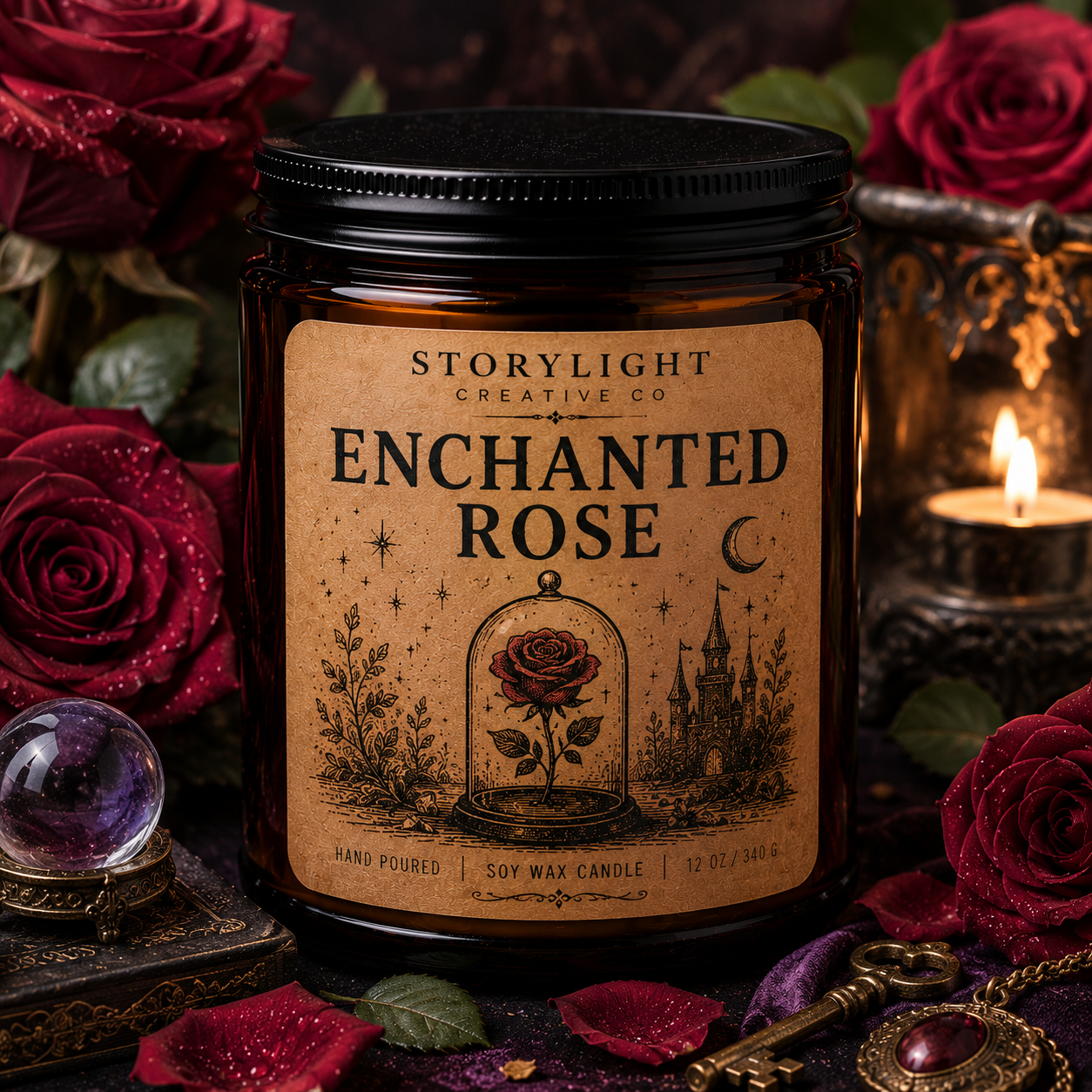 Enchanted Rose Candle 9oz & 12oz | CEDAR * ROSE | Soy Coconut Candle | Storylight Creative Co
