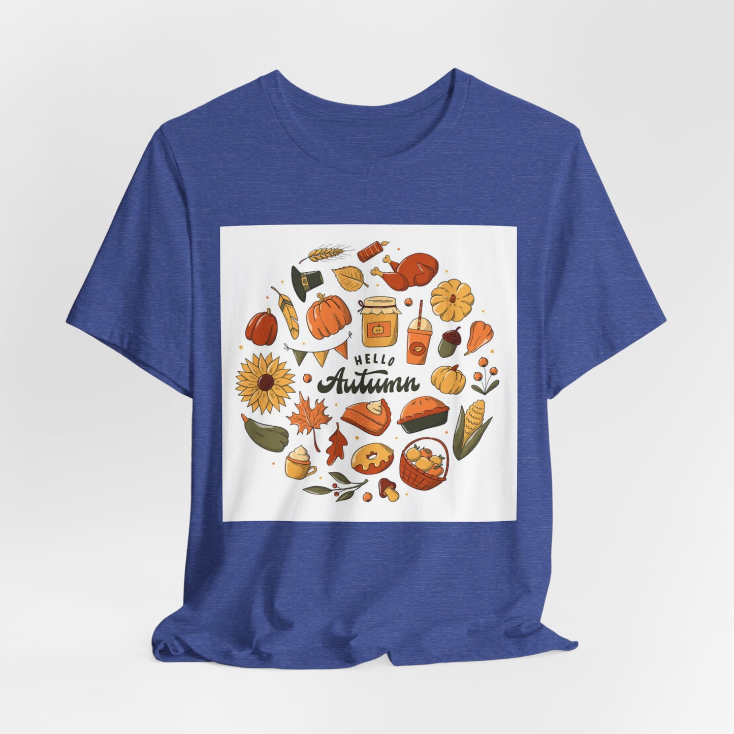 Hello Autumn T‑Shirt — Fall Leaves, Pumpkins & Sunflower Graphic Tee