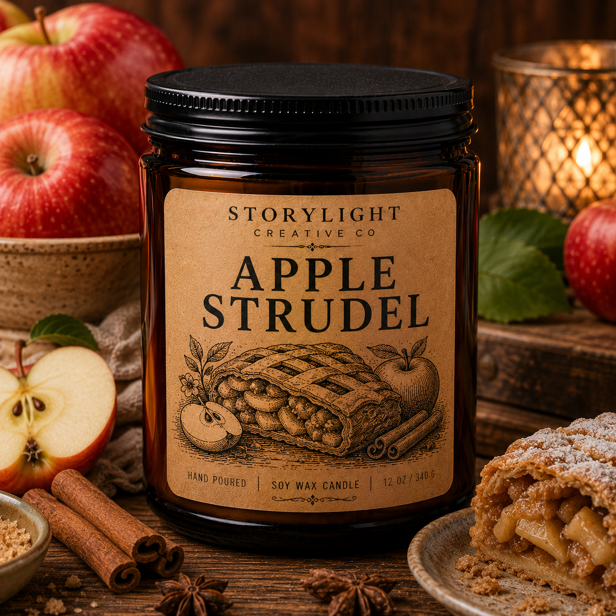Apple Strudle 9oz & 12oz | APPLE * VANILLA * SPICES | Soy Coconut Candle | Storylight Creative Co