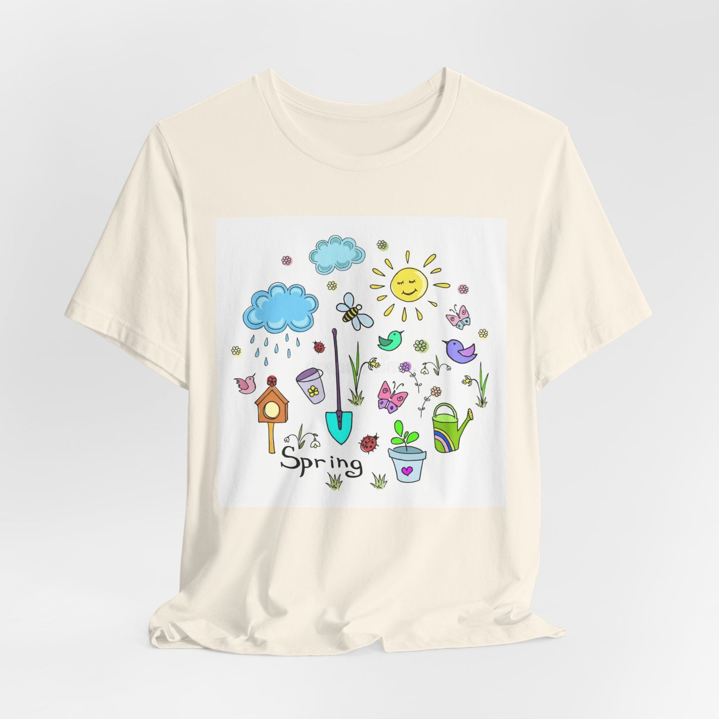 Spring Garden T-Shirt – Cute Hand-Drawn Flowers, Sun & Birds Tee