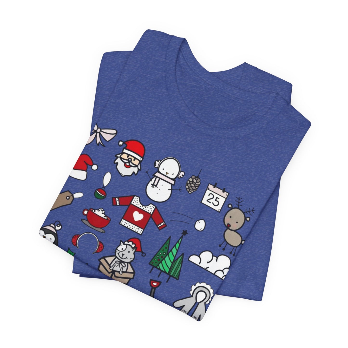 Christmas Icons T-Shirt — Cute Holiday Doodle Tee (Santa, Penguin, Tree, Gifts)