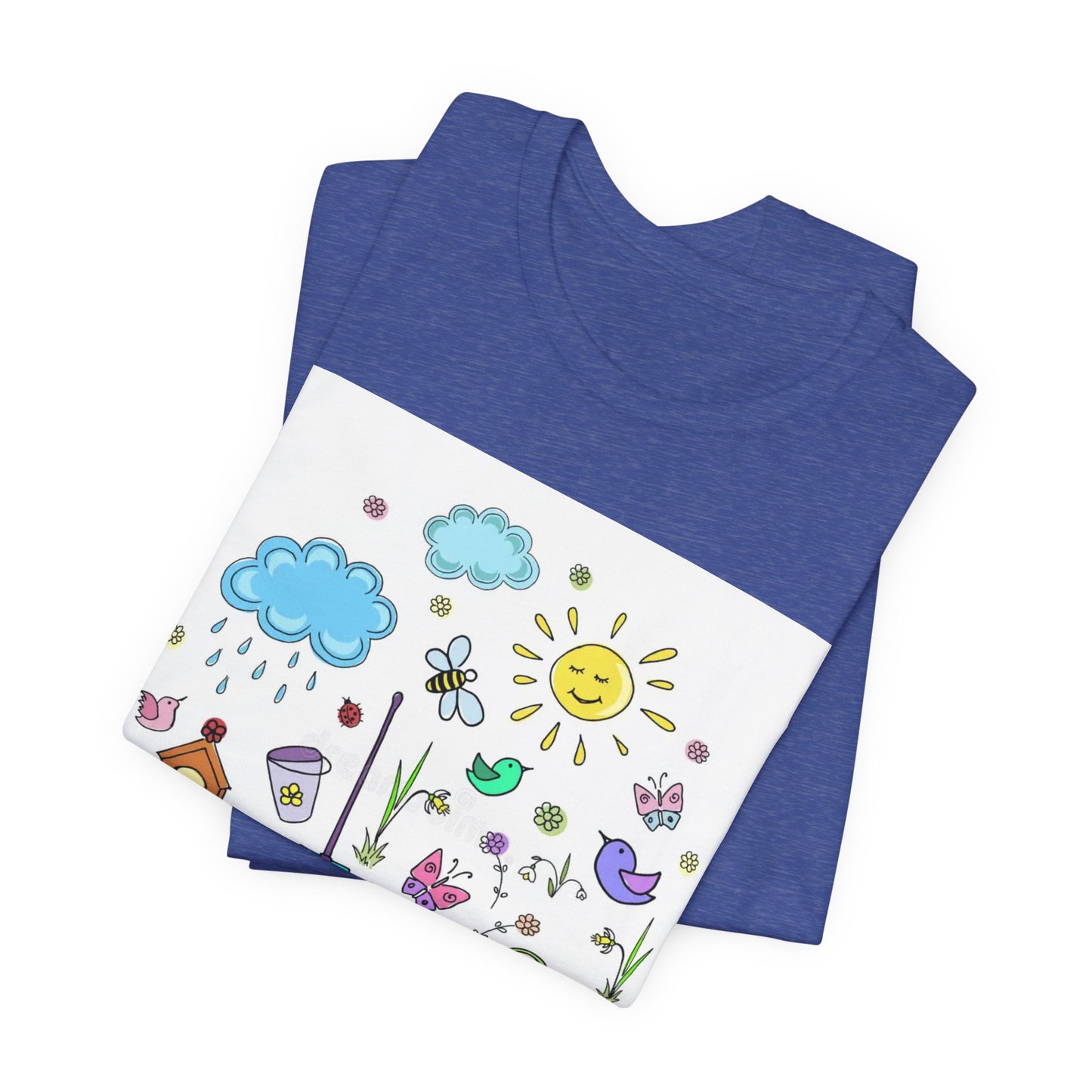 Spring Garden T-Shirt – Cute Hand-Drawn Flowers, Sun & Birds Tee