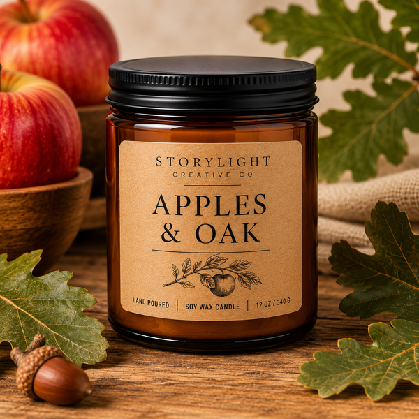 Apples & Oak Candle 9oz & 12oz | WOODSY * APPLE | Soy Coconut Candle | Storylight Creative Co