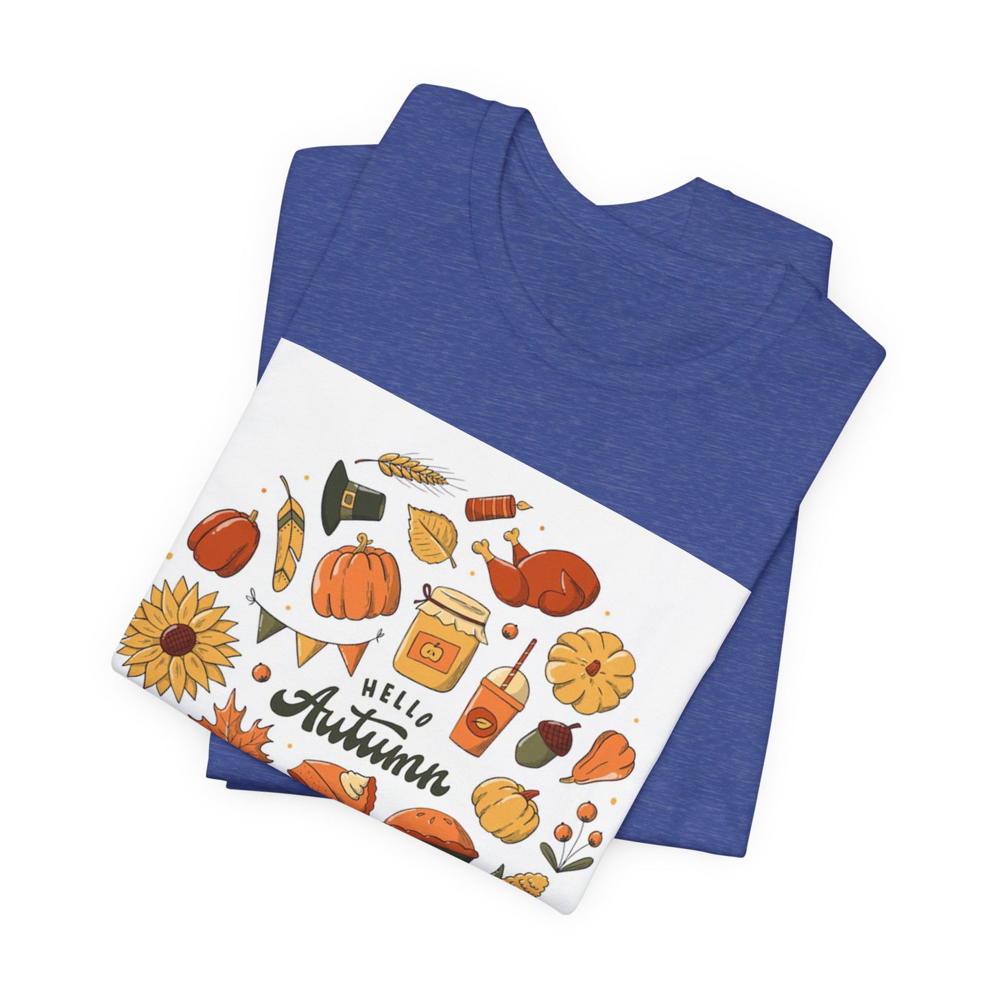 Hello Autumn T‑Shirt — Fall Leaves, Pumpkins & Sunflower Graphic Tee