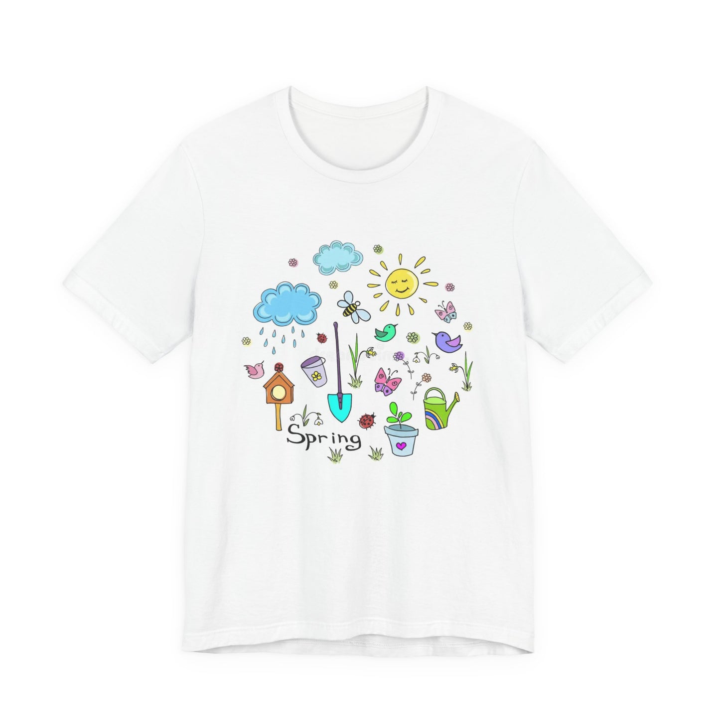 Spring Garden T-Shirt – Cute Hand-Drawn Flowers, Sun & Birds Tee
