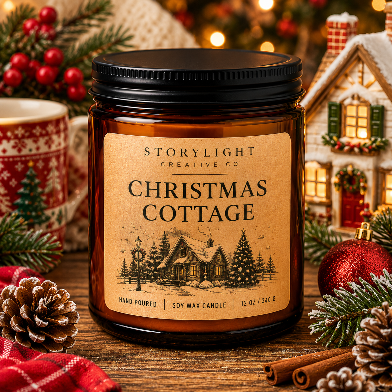Christmas Cottage Candle 9oz & 12oz | RASPBERRY * CINNAMON * CITRUS | Soy Coconut Candle | Storylight Creative Co