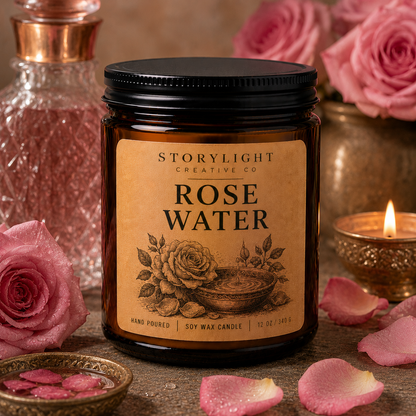 Rose Water Candle 9oz & 12oz | ROSE * JASMINE | Soy Coconut Candle | Storylight Creative Co